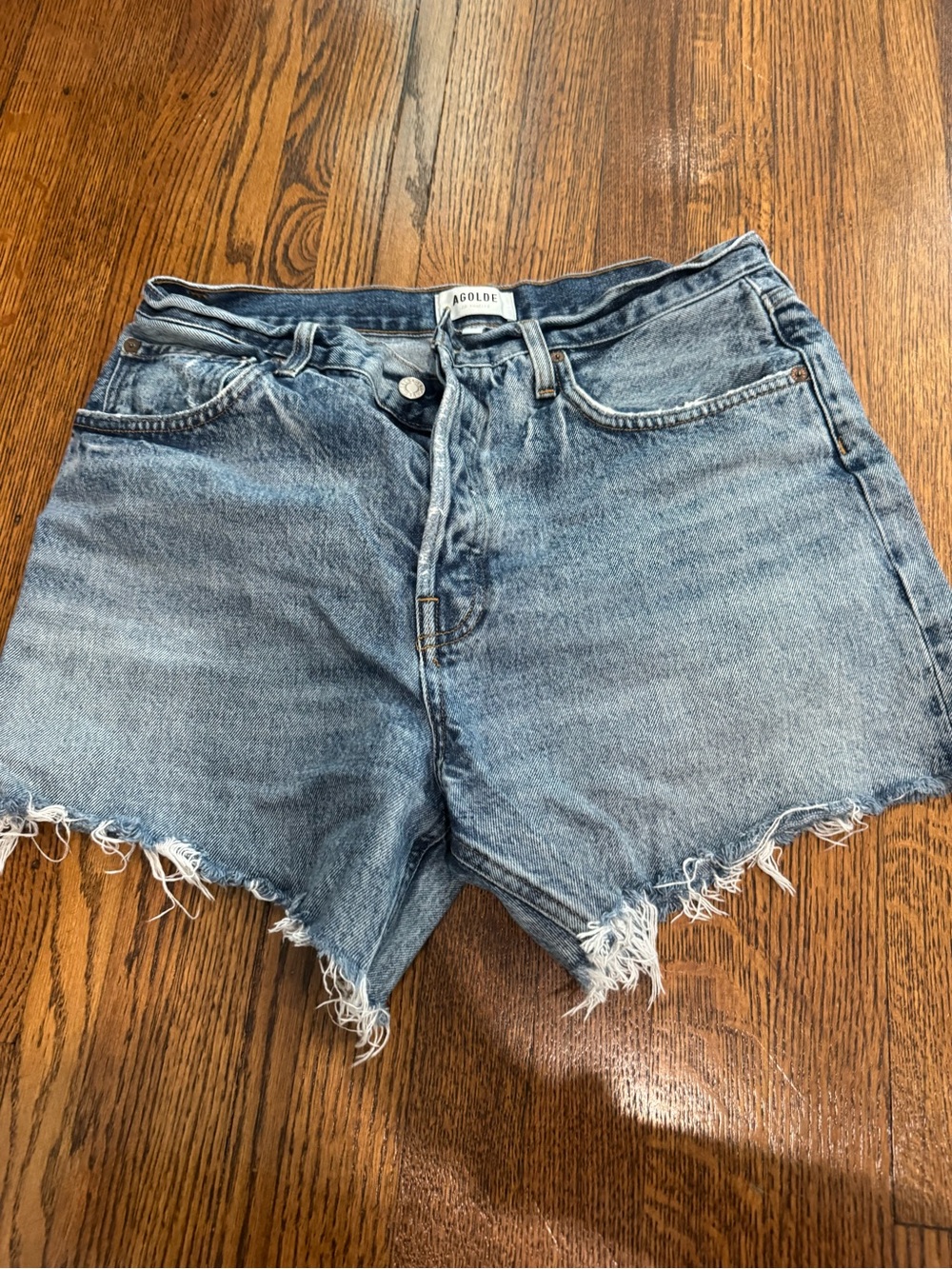 Agolde Medium Blue High-Rise Distressed Denim Shorts